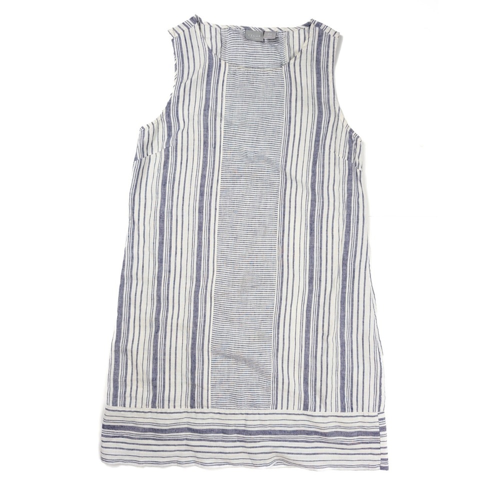 Kenar White Blue Linen Lagenlook Stripe Sleeveless Pullover Dress Women's Size 6